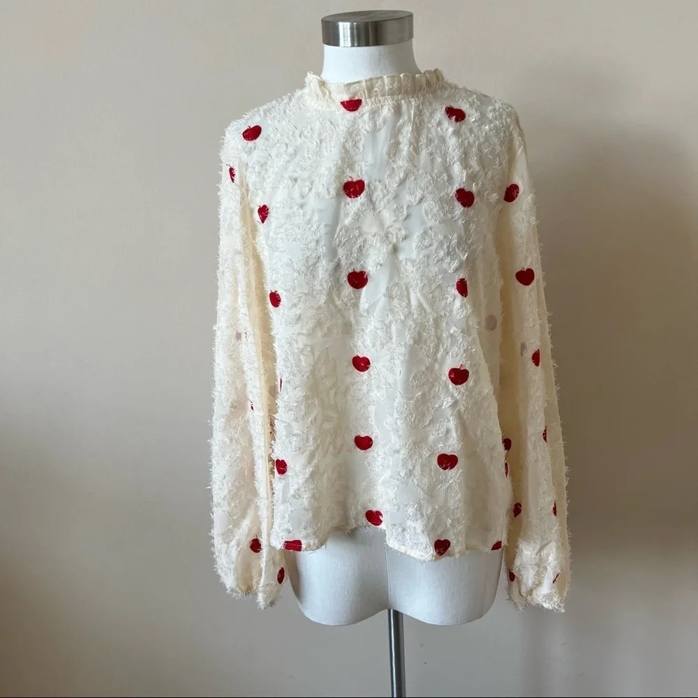 Shein embroidered heart all over lace top cream red ruffle neck 5255